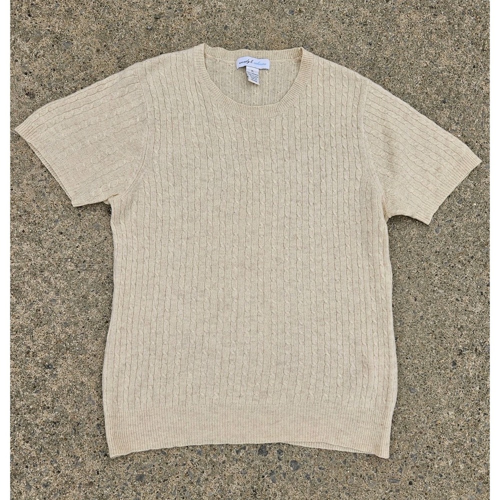 Wendy & Cashmere Cable Knit Pullover Sweater Cream Offwhite Crew Neck XL